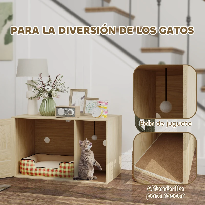 PawHut Mueble Arenero para Gatos Caja de Arena para Gatos con Almohadilla para Rascar y Puerta de Ratán 80x50x50 cm Roble