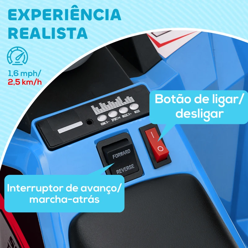HOMCOM Quadriciclo Elétrico para Crianças com Reboque Bateria 6V de 18-36 Meses com Velocidade 2,5 km/h 106x41,5x48,5 cm Azul