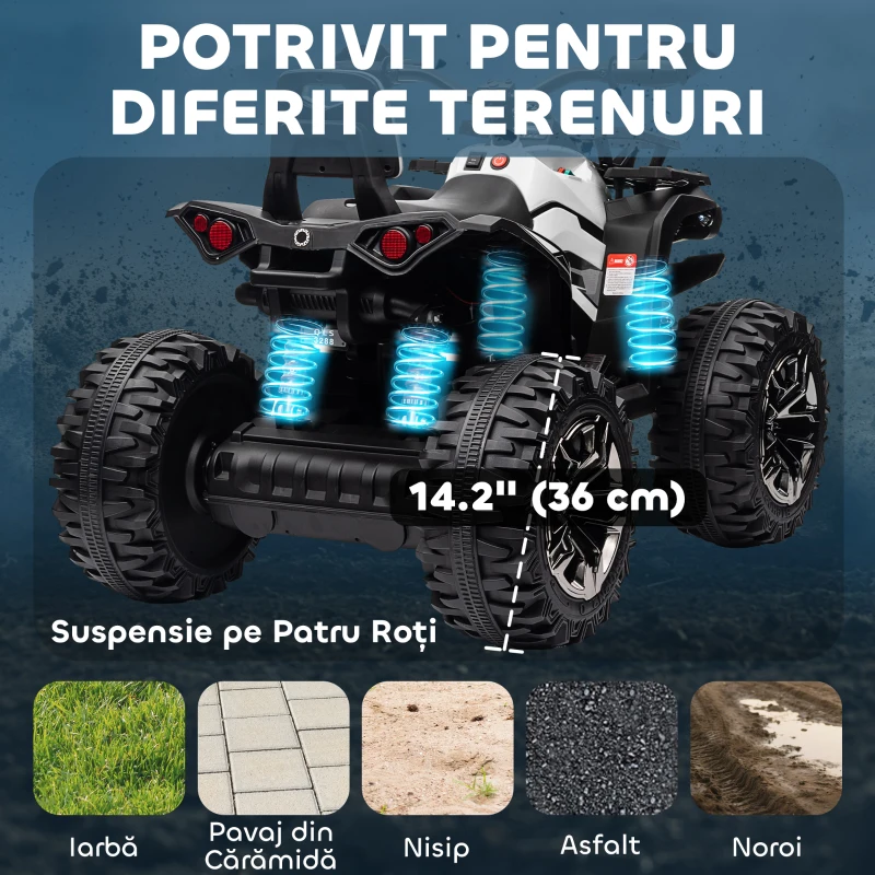 HOMCOM Quad Electric pentru Copii 12V cu Faruri și Conector USB pentru Muzică Alb