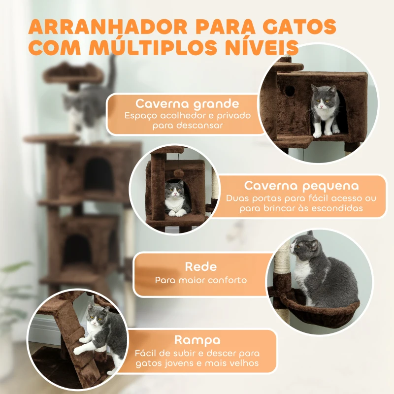 PawHut Arranhador para Gatos com Múltiplas Plataformas Cama 2 Cavernas Rede Escada Postes de Sisal 48x48x160 cm Marrom