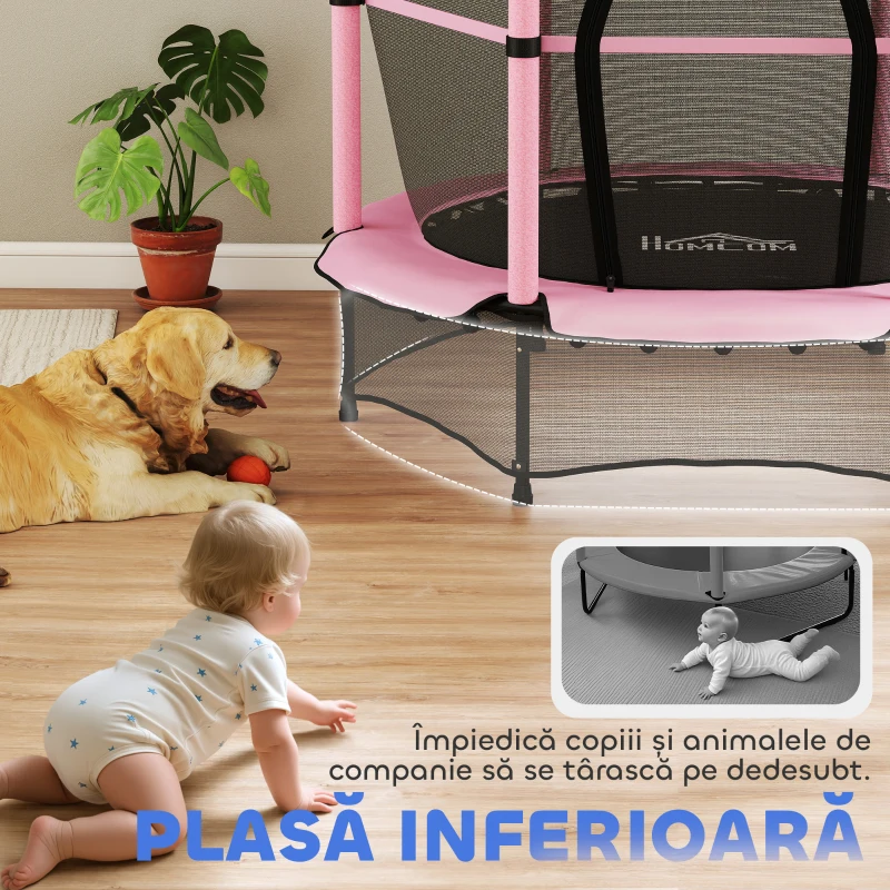 HOMCOM Trambolină Elastică pentru Copii 3-10 Ani cu Plasă de Siguranță și Țevi Capitonate, Ø140x190 cm, Roz