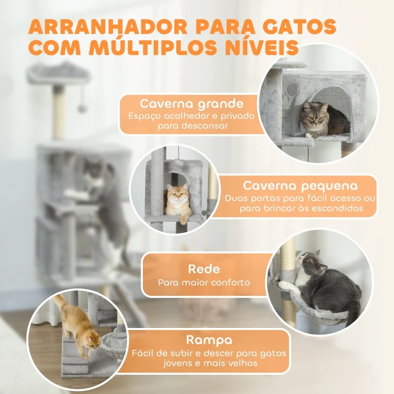 PawHut Arranhador para Gatos com Múltiplas Plataformas Cama 2 Cavernas Rede Escada Postes de Sisal 48x48x140 cm Cinzento Claro