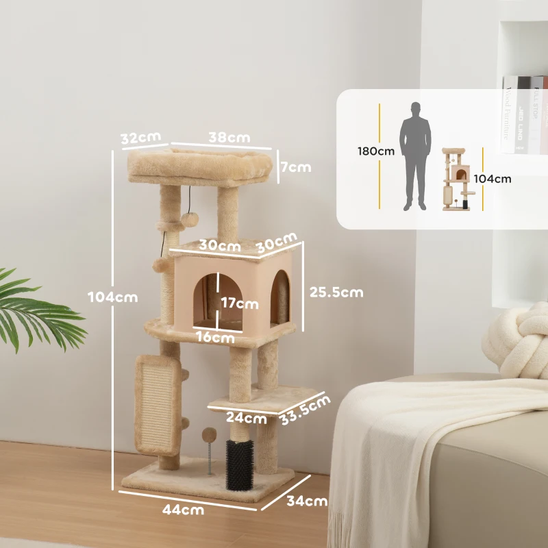 PawHut Cat tree, play tower, 132 cm high, with bed and house, grooming brush, 55 x 44 x 132 cm, beige