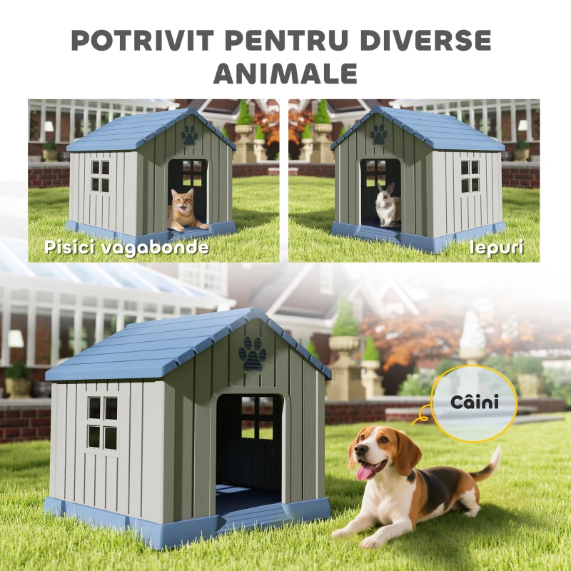 PawHut Căsuță pentru Câini de Talie Medie pentru Exterior, Impermeabilă cu Bază Ridicată