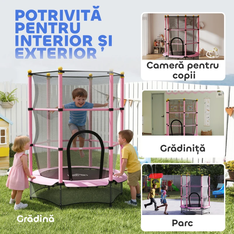 HOMCOM Trambolină Elastică pentru Copii 3-10 Ani cu Plasă de Siguranță și Țevi Capitonate, Ø140x190 cm, Roz
