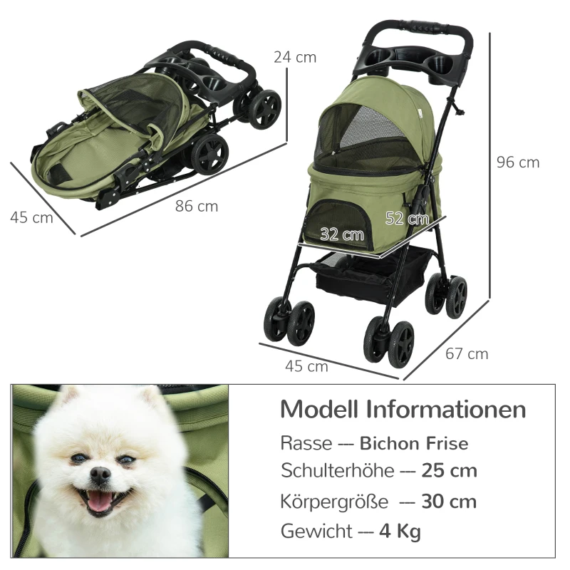 PawHut Hundewagen Hundebuggy, klappbar, 2 Sicherheitsleinen, 2 Becherhalter, 67 x 45 x 96 cm, Khaki(m-3)