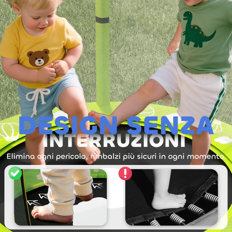 AIYAPLAY Trampolino Elastico per Bambini Ø140 cm con Rete di Sicurezza e Disegni, Età 3-6 Anni, Verde