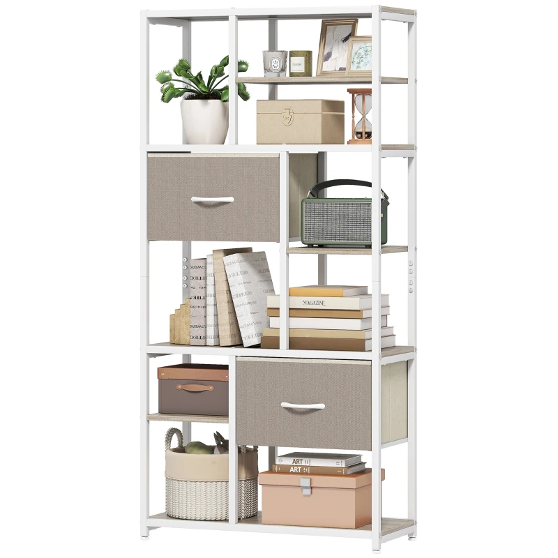 HOMCOM 6-Tier Storage Shelf, Bookcase with 2 Fabric Drawers, 9 Open Shelves, 72.5 x 30 x 150 cm, White