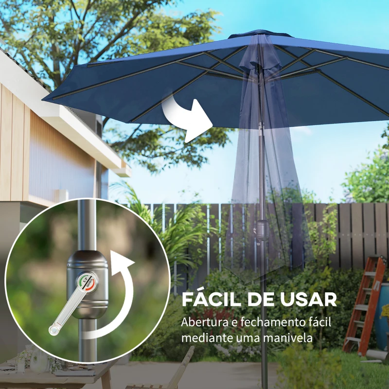 Outsunny Chapéu de Sol de Jardim Ø295x250 cm com Manivela Mecanismo de Inclinação e Mastro Desmontável de Metal para Terraço Azul