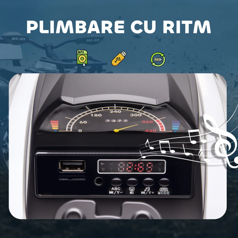 HOMCOM Quad Electric pentru Copii 12V cu Faruri și Conector USB pentru Muzică Alb