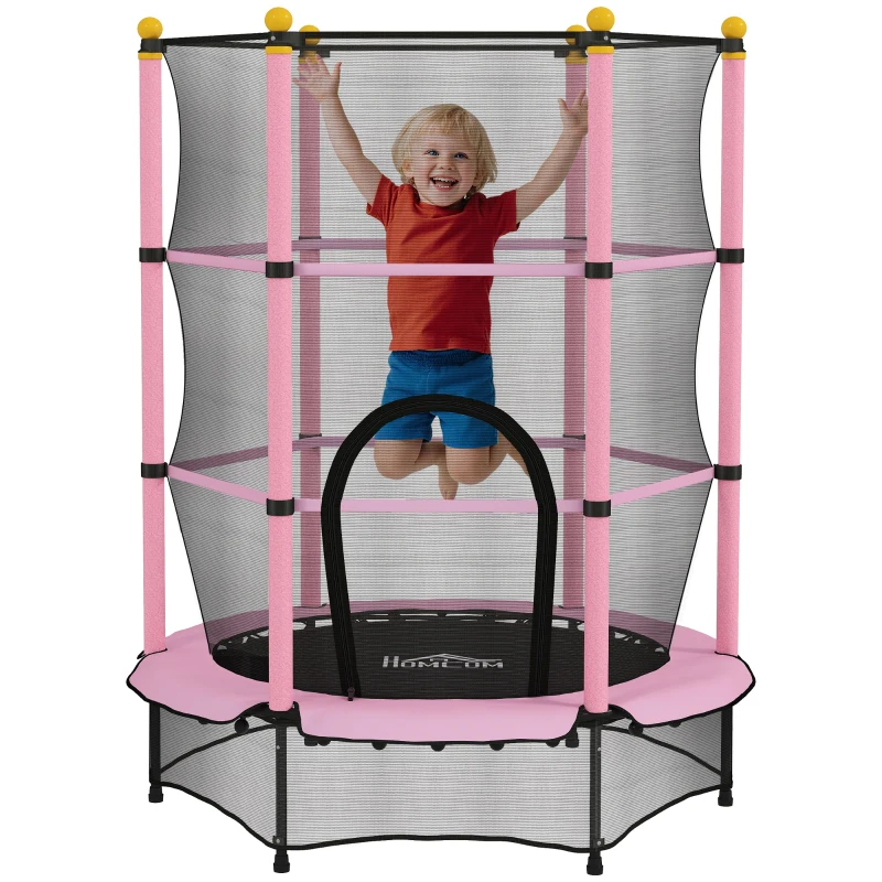 HOMCOM Trambolină Elastică pentru Copii 3-10 Ani cu Plasă de Siguranță și Țevi Capitonate, Ø140x190 cm, Roz