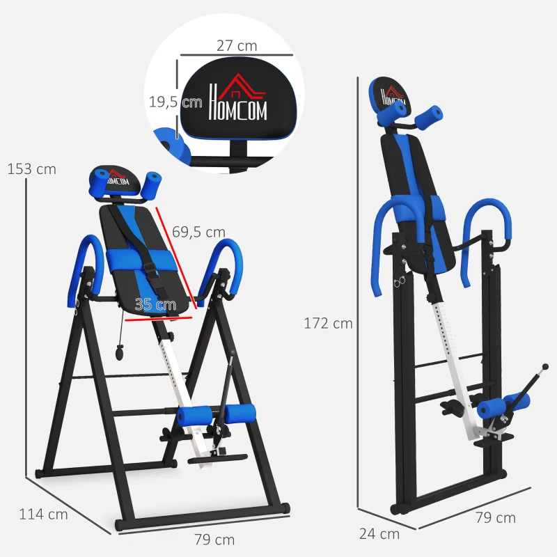 HOMCOM Mesa de Inversão Dobrável com Cinto de Segurança Altura Regulável para Utilizadores de 1,30 a 1,90 m 79x114x153 cm Preto e Azul