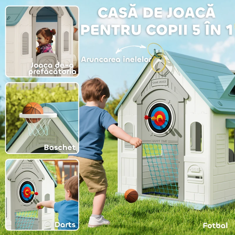 AIYAPLAY Căsuță de Joacă 5-în-1 pentru Copii, de Exterior și Interior, cu Coș de Baschet, Poartă de Fotbal, Tablă de Darts, Joc de Aruncare a Inelelor pentru Copii 2-5 Ani, Bej