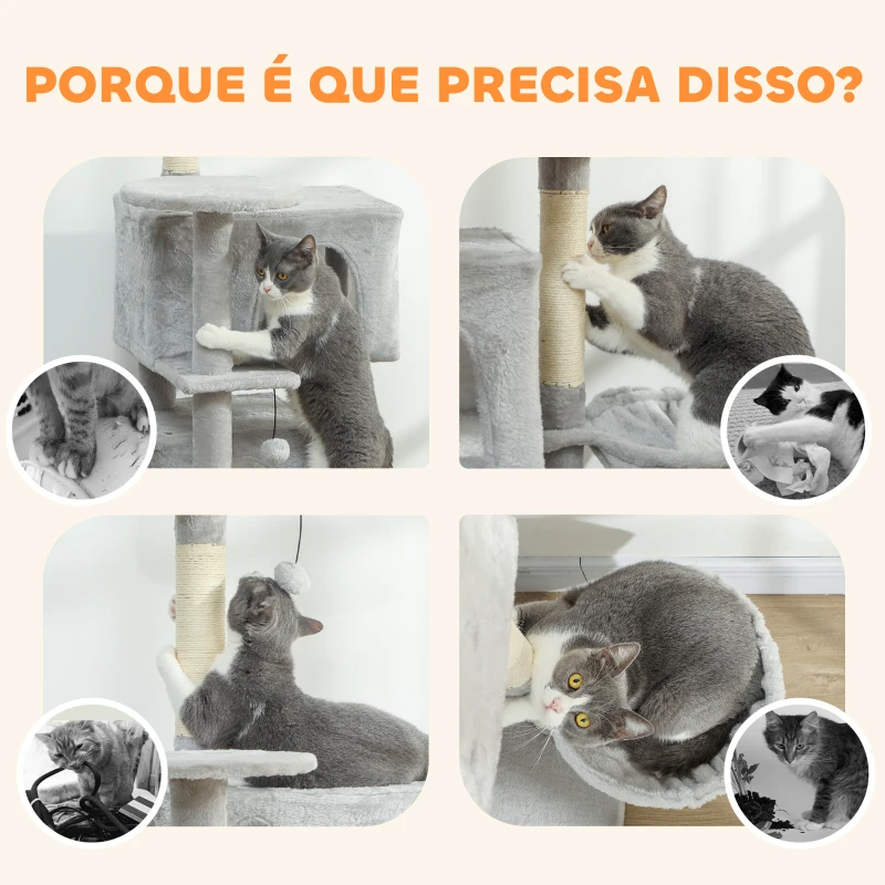 PawHut Arranhador para Gatos com Múltiplas Plataformas Cama 2 Cavernas Rede Escada Postes de Sisal 48x48x140 cm Cinzento Claro