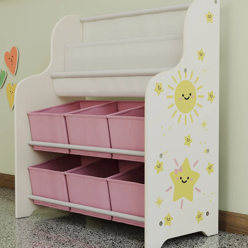 AIYAPLAY Raft pentru Jucării cu 6 Sertare și Bibliotecă cu 2 Nivele Roz