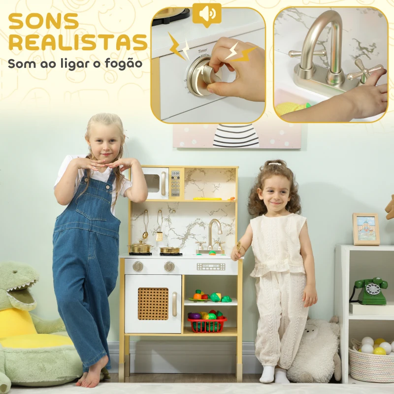 AIYAPLAY Cozinha de Brincar em Madeira com Som Acessórios em Aço Inoxidável Micro-Ondas Forno Lava-Loiças Legumes para Cortar 55x24x96 cm Dourado