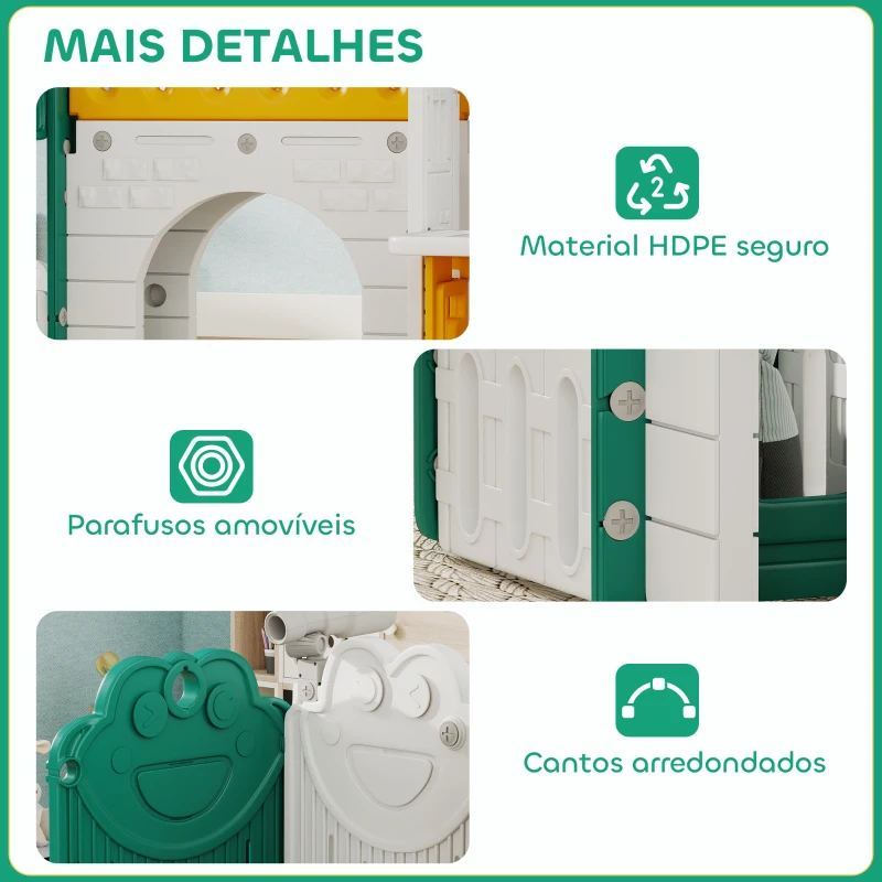 AIYAPLAY Escorrega Infantil 7 em 1 com Casinha para Crianças com Aro de Basquetebol Túnel Quadro Telescópio 189x180x111 cm Amarelo e Verde