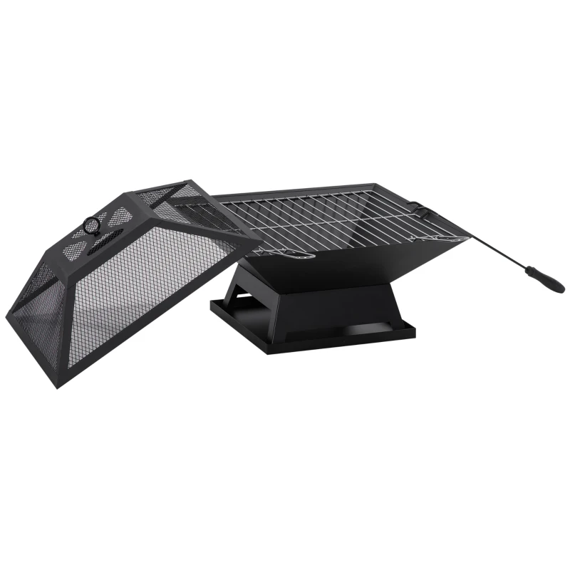 Outsunny Feuerschale 45 x 45 x 34cm aus Edelstahl Feuerstelle mit Funkenschutz Schürhaken Feuerschalen Feuerkorb für Garten, Balkon, BBQ Camping Schwarz