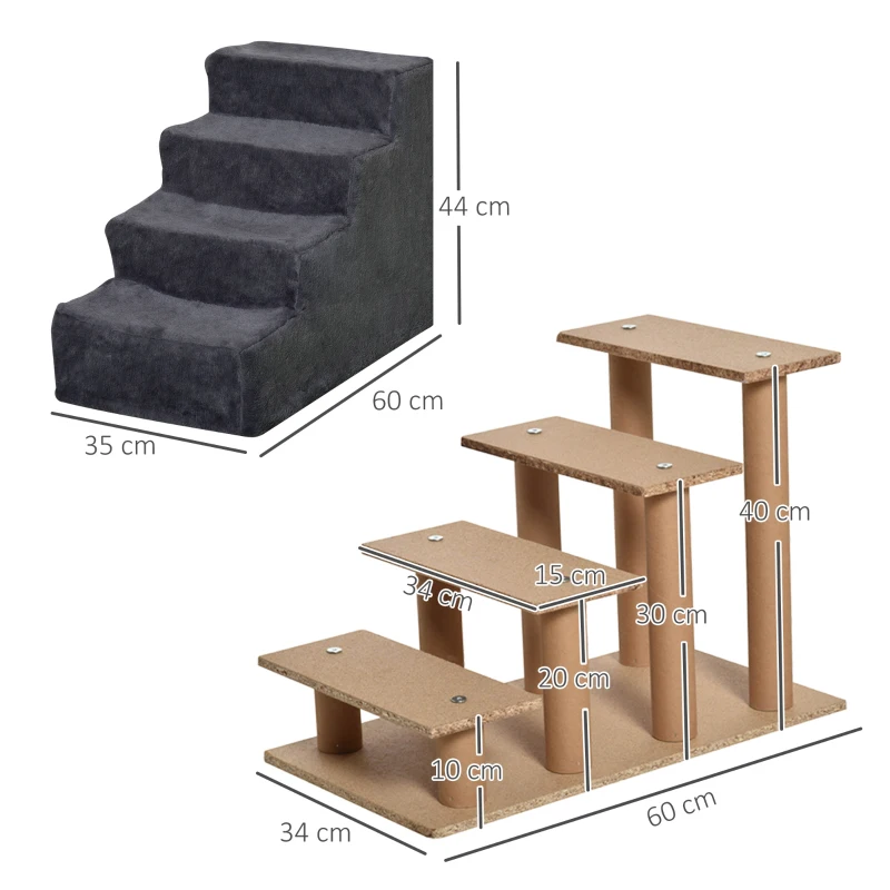 PawHut Portable 4-Step Dog Stair, Removable Suede Fabric & Wood, 60x35x44 cm, Dark Grey