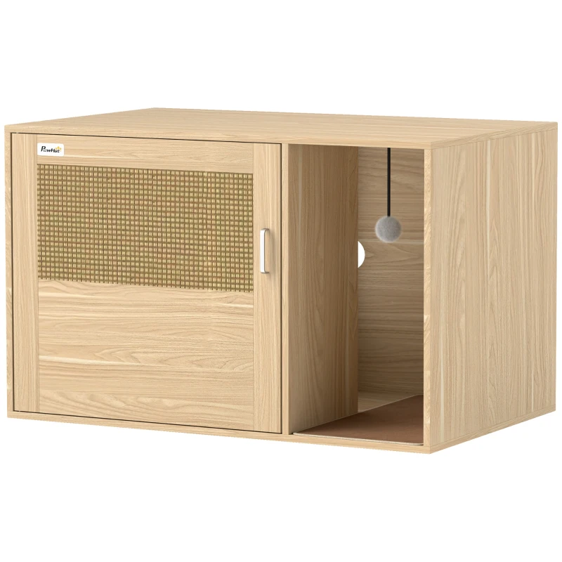PawHut Mueble Arenero para Gatos Caja de Arena para Gatos con Almohadilla para Rascar y Puerta de Ratán 80x50x50 cm Roble