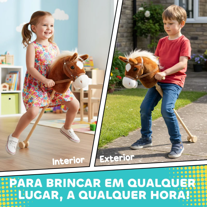 AIYAPLAY Cavalo com Pau de Madeira Sons e Rodas Cavalo de Brinquedo 95x25x27 cm Castanho