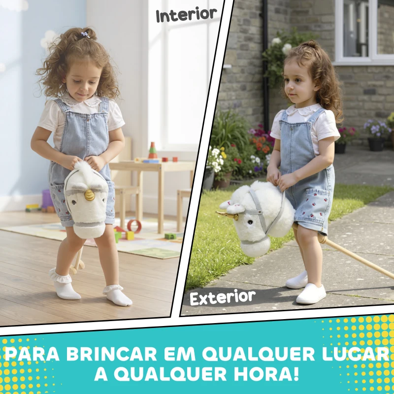 AIYAPLAY Cavalo com Pau de Madeira Design Unicórnio Sons e Rodas Cavalo de Brinquedo 95x25x27 cm Branco