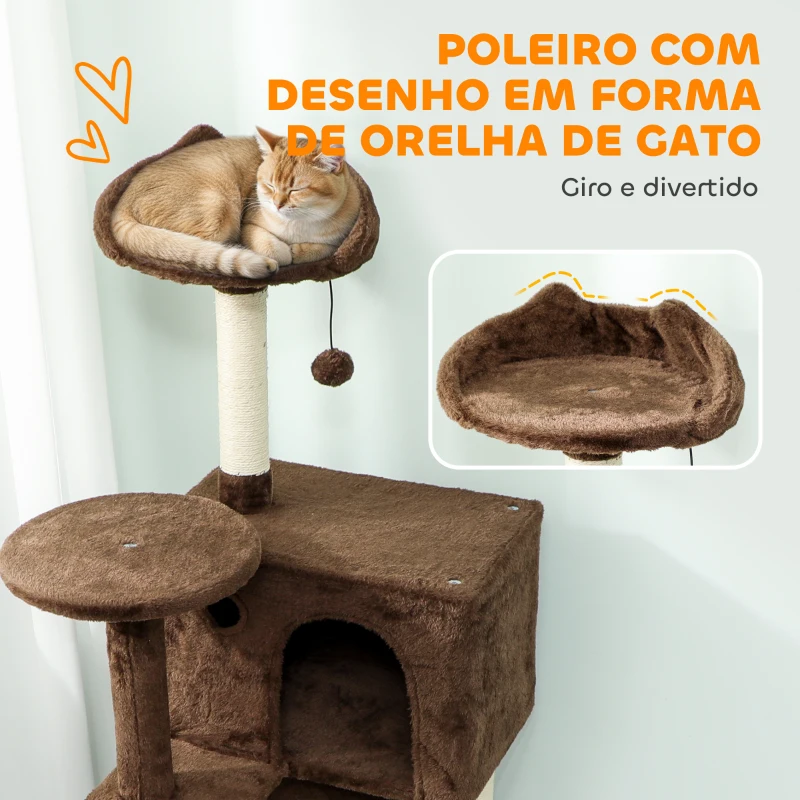 PawHut Arranhador para Gatos com Múltiplas Plataformas Cama 2 Cavernas Rede Escada Postes de Sisal 48x48x160 cm Marrom