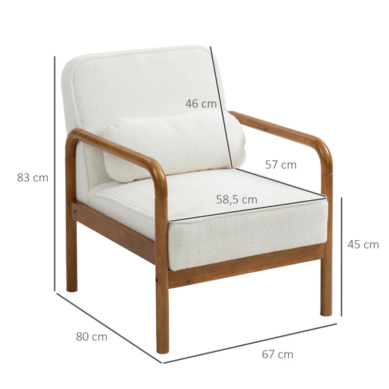 HOMCOM Poltrona em Estilo Borreguito Branco com Almofada Estrutura em Hévea para Sala Quarto Jantar