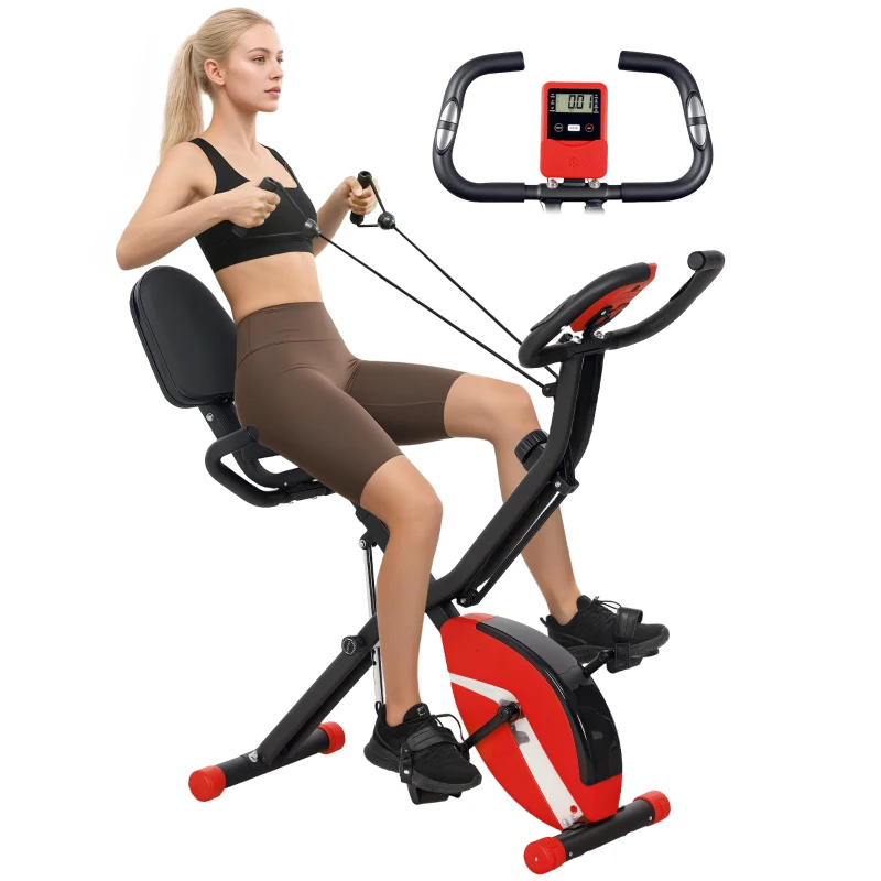SPORTNOW Five-in-one Foldable Exercise Bike, Stationary Bike with Arm Workout Bands, LDC Monitor, Phone Holder, Red