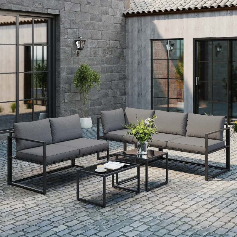 Outsunny Conjunto de Jardim Exterior de Canto 4 Peças com 2 Sofás e 2 Mesas de Centro Encaixáveis em Vidro Temperado Cinza