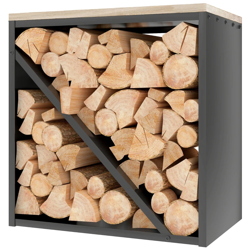 Outsunny 2-in-1 Kaminholzregal für innen 58 x 36 x 60cm erhöhtes Brennholzregal mit Trenner Metall Schwarz