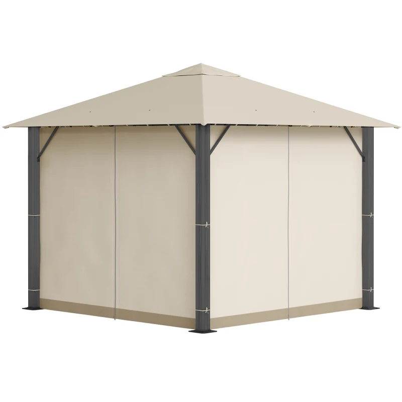 Outsunny Gartenpavillon Pavillon 3 x 3 m Gartenzelt Dach mit Belüftungslöcher Festzelt Partyzelt mit 4 x Seitenteile wetterfest Aluminium Polyester khaki