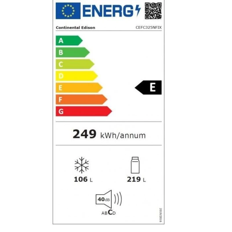 Réfrigérateur congélateur bas - CONTINENTAL EDISON - 325L - Total No Frost (Sans givre)- distributeur d'eau- Inox