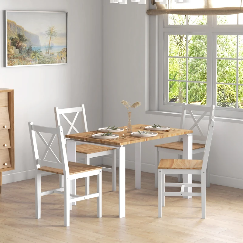 HOMCOM Conjunto de 4 Cadeiras de Jantar em Pinho Encosto Cruzado para Sala de Jantar Cozinha Ou Sala 41x46,5x86 cm Branco e Madeira