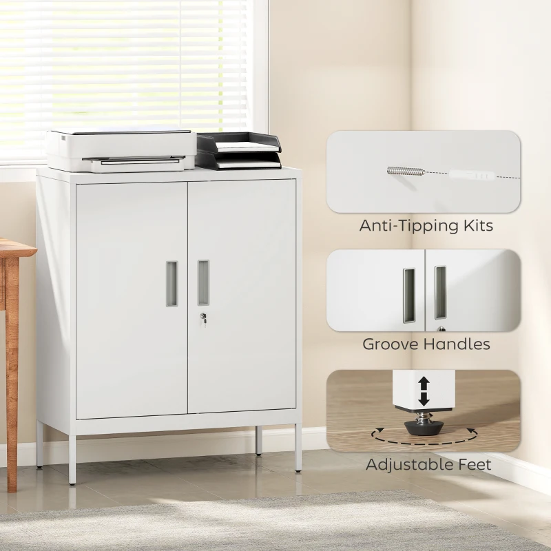 HOMCOM Armadietto da Ufficio in Acciaio a 2 Ripiani Regolabili con Serratura e 2 Chiavi, 80x40x100 cm, Bianco