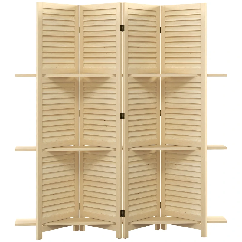 HOMCOM Biombo Interior 4 Painéis 160x170 cm 3 Prateleiras Dobráveis Portas com Persianas Natural