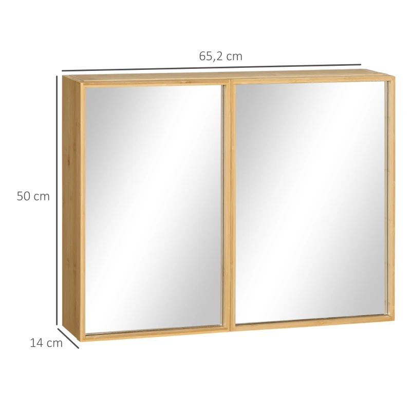 Kleankin Armário de Parede para Casa de Banho com Espelhos 2 Portas em Bambu 65,2x14x50 cm Cor Bambu