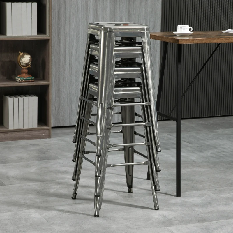 HOMCOM Conjunto de 4 Bancos de Bar Industrial Design Empilhável com Apoio para Pés Metal 43x43x76 cm Prata