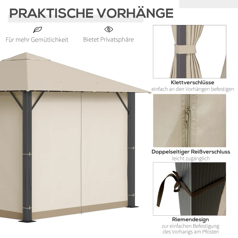 Outsunny Gartenpavillon Pavillon 3 x 3 m Gartenzelt Dach mit Belüftungslöcher Festzelt Partyzelt mit 4 x Seitenteile wetterfest Aluminium Polyester khaki