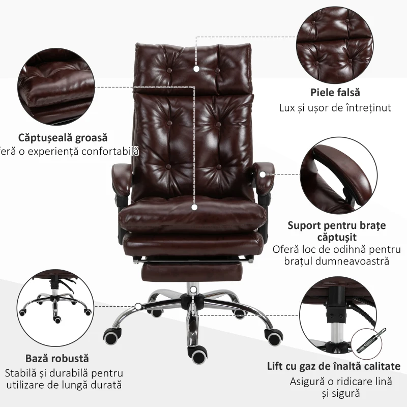 Vinsetto Scaun de Birou Ergonomic Suport pentru picioare Detasabil Inaltime Reglabila Maro