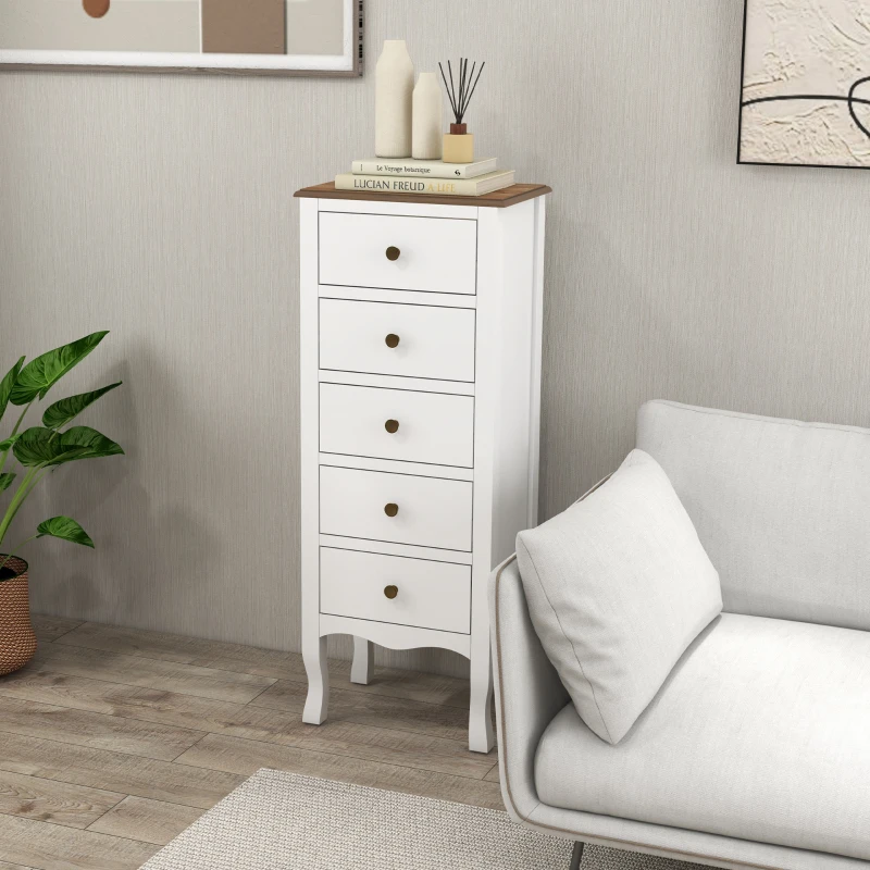 HOMCOM Cômoda 5 Gavetas Compacta Branca com Puxadores Efeito Latão