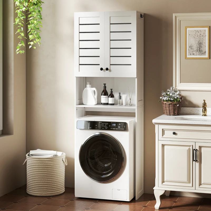 HOMCOM Armário Sobre Sanita 67x31,5x190 cm 3 Prateleiras Portas com Lamelas Branco