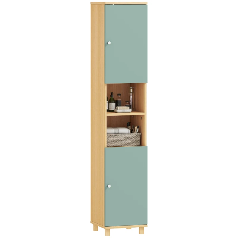 HOMCOM Coluna de Arrumação para Casa de Banho com 2 Portas Prateleiras Ajustáveis 30x30x166 cm Verde e Madeira