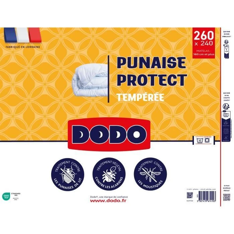 DODO Couette tempérée 300gr/m² 240x260 cm - Protection anti punaise, anti acarien - Blanc - Fabriqué en France
