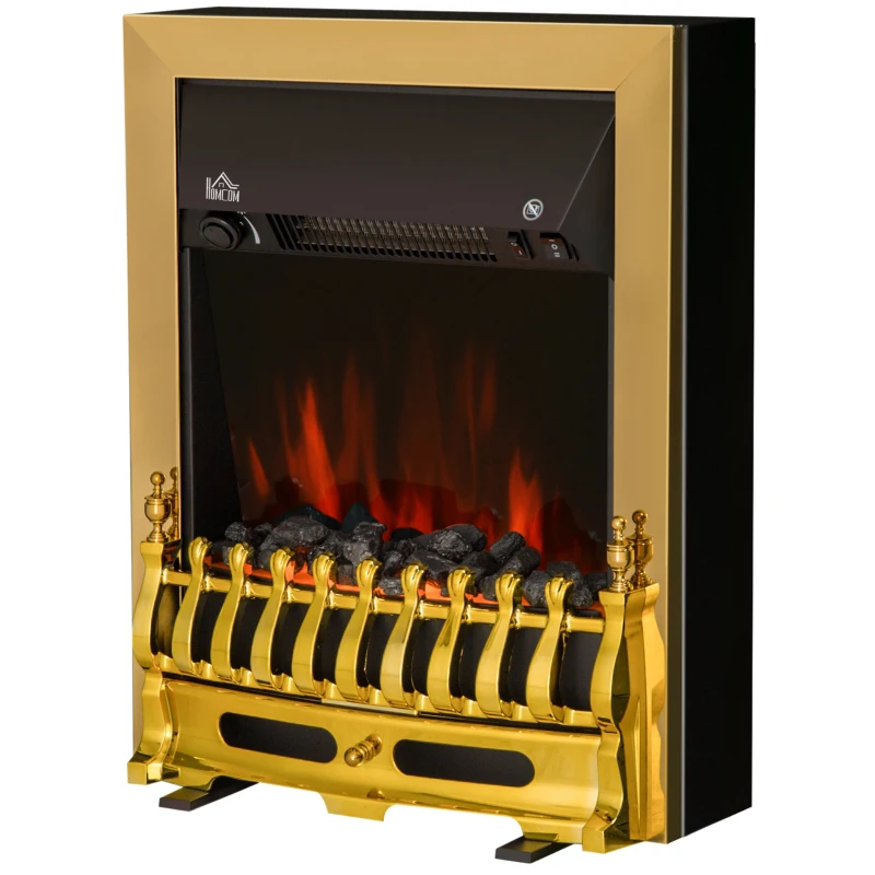 HOMCOM Lareira Elétrica Efeito de Chama Termóstato 1000W/2000W Preto e Dourado 48,2x18,5x59,2 cm