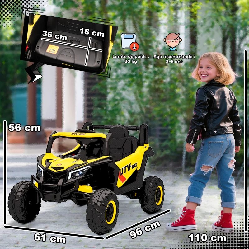 AIYAPLAY Carro Elétrico Infantil UTV 12 V Buggy Elétrico Infantil com Controle Remoto 96x61x56 cm Amarelo