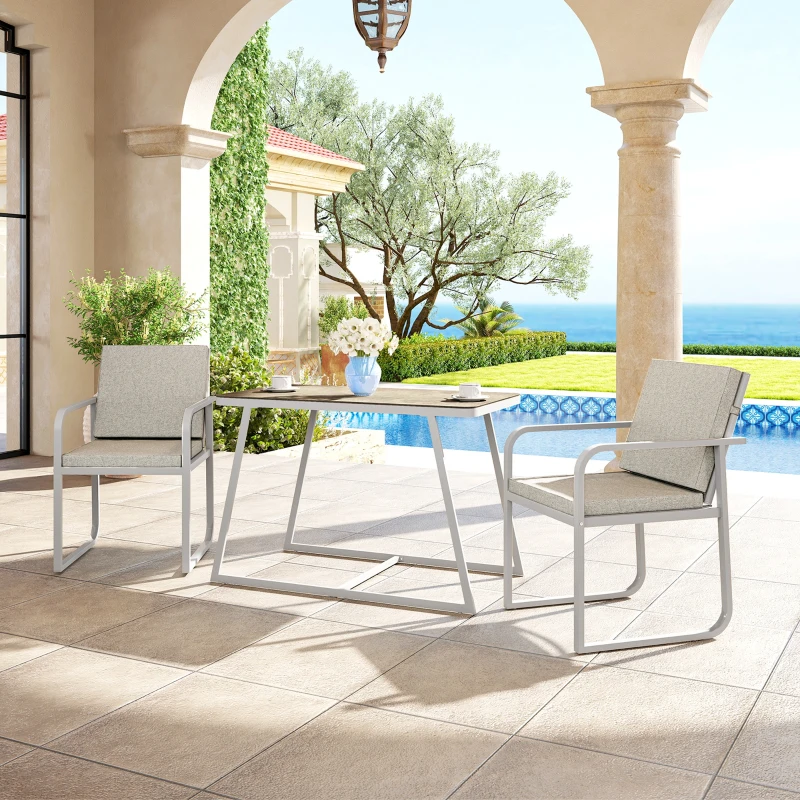Outsunny Conjunto de Jardim 3 Peças Mesa em Vidro e 2 Cadeiras com Almofadas Cinza