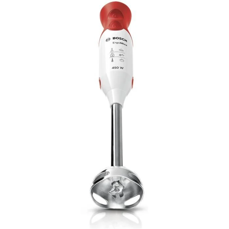 Mixeur plongeant BOSCH ErgoMixx MSM64110 - 450W - Pied inox - 4 lames aiguisées - 2 vitesses - Bol gradué 600ml - blanc/rouge