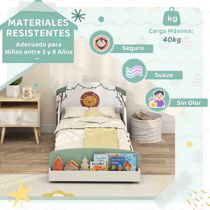AIYAPLAY Cama infantil para Niños de +3 Años 70x140 cm de Madera con Almacenaje y Dibujo de León para Dormitorio Verde