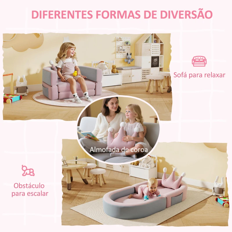 AIYAPLAY Sofá para Crianças com Almofada em Forma de Coroa Dobrável em Cama e Zona de Brincadeiras 116x61x14 cm Rosa e Azul Acinzentado